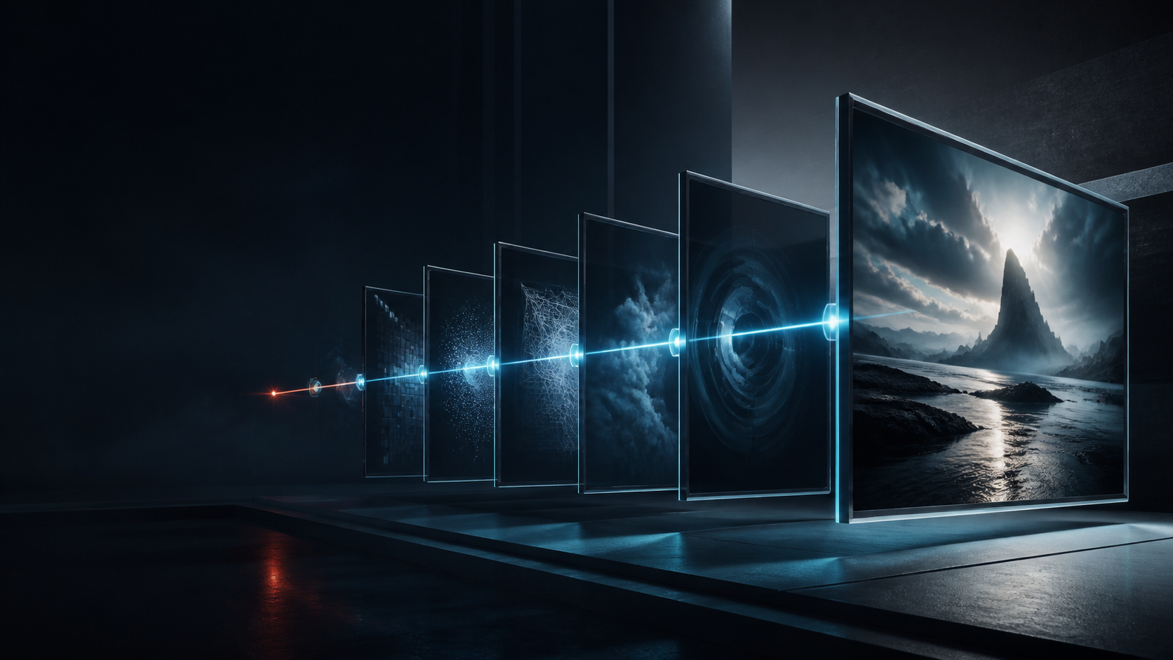 A sequence of cinematic frames connected by a controlled cyan signal