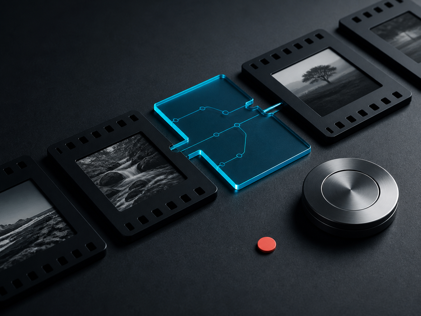 Film frames, a routing plate, and a registration token on a dark studio surface